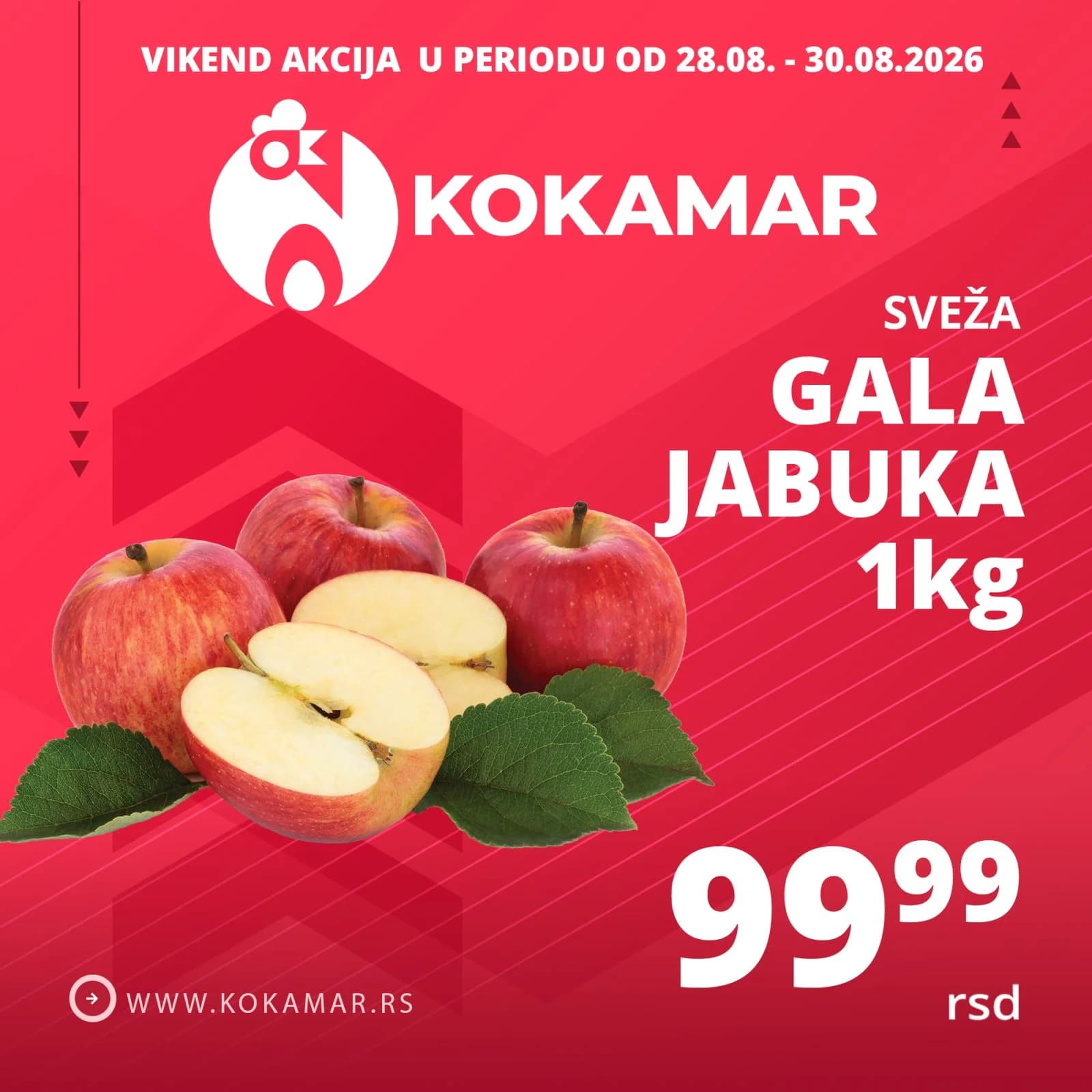 Vikend akcija Kokamar – sveža Gala jabuka 1kg 99,99 rsd (28.08.–30.08.2026.)