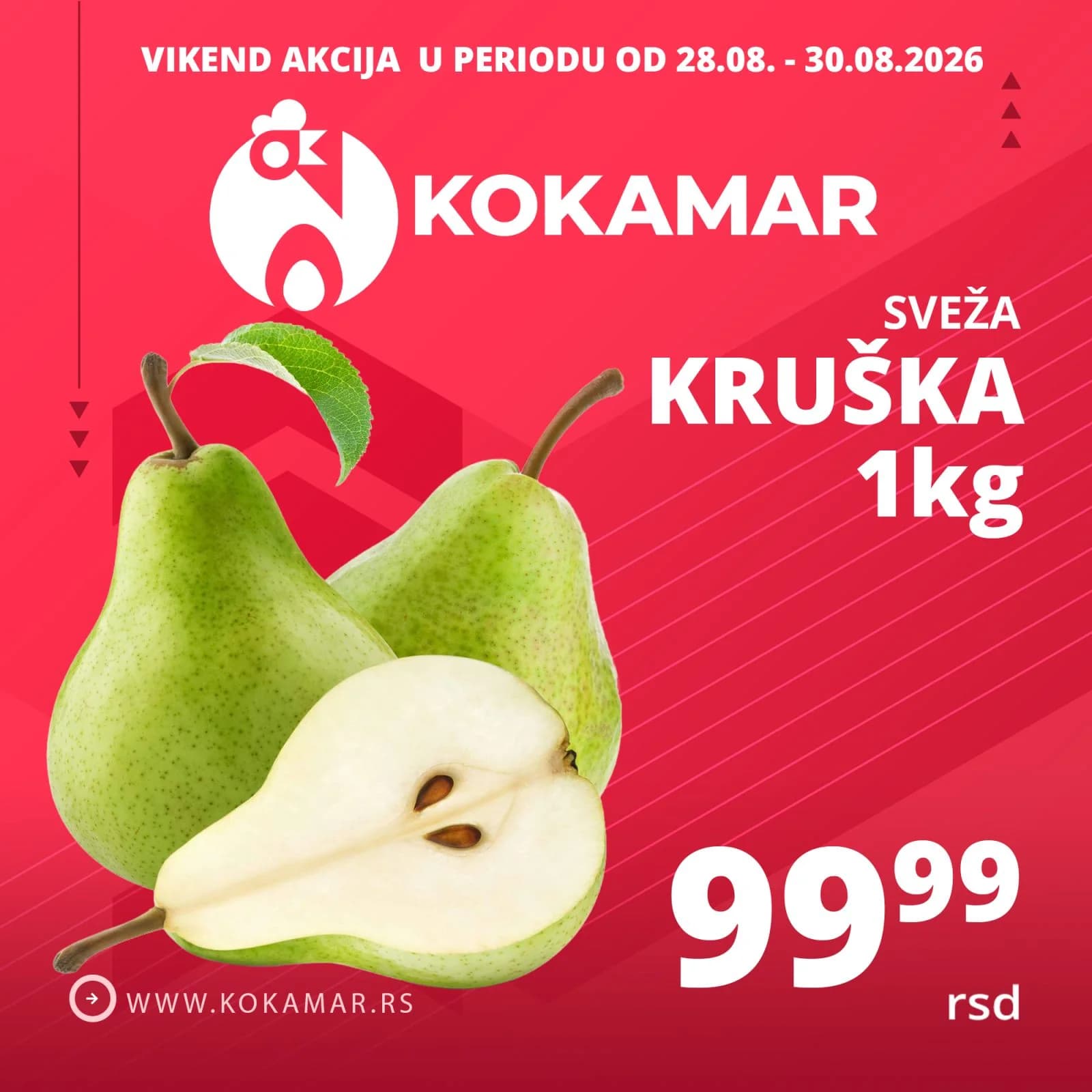 Vikend akcija Kokamar – sveža kruška 1kg 99,99 rsd (28.08.–30.08.2026.)