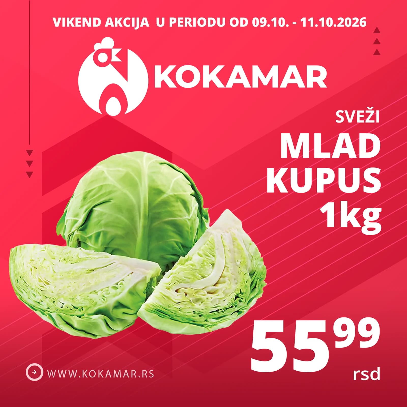 Vikend akcija Kokamar – svež mlad kupus 1kg 55,99 rsd (09.10.–11.10.2026.)