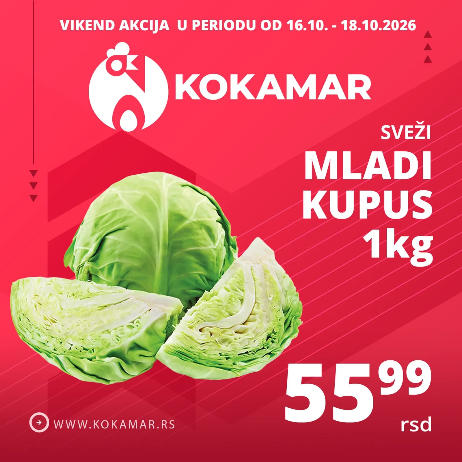 Vikend akcija Kokamar – sveži mladi kupus 1kg 55,99 rsd (16.10.–18.10.2026.)