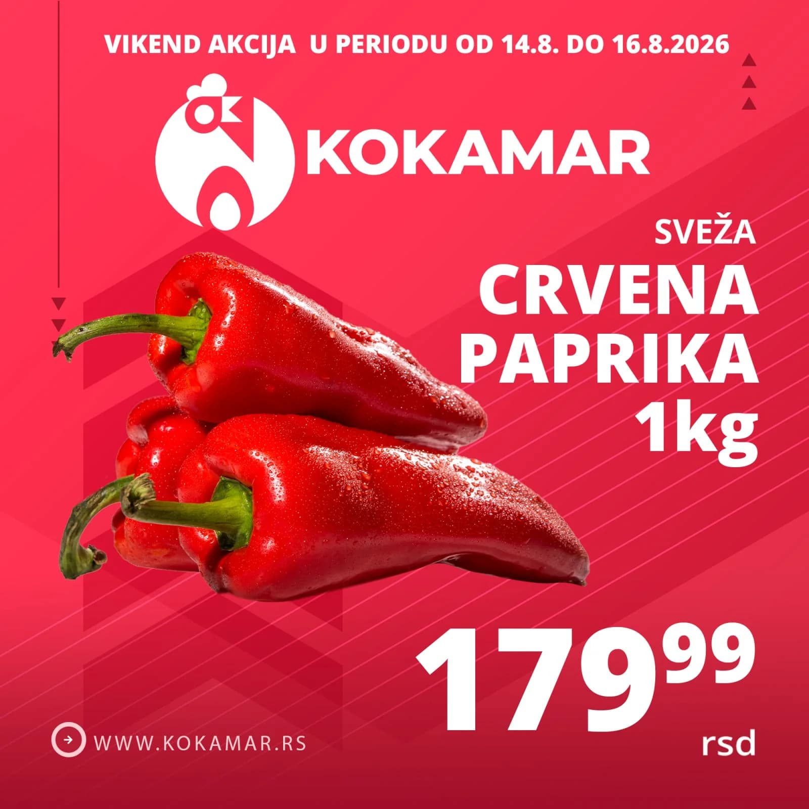 Vikend akcija Kokamar – sveža crvena paprika 1kg 179,99 rsd (14.08.–16.08.2026.)