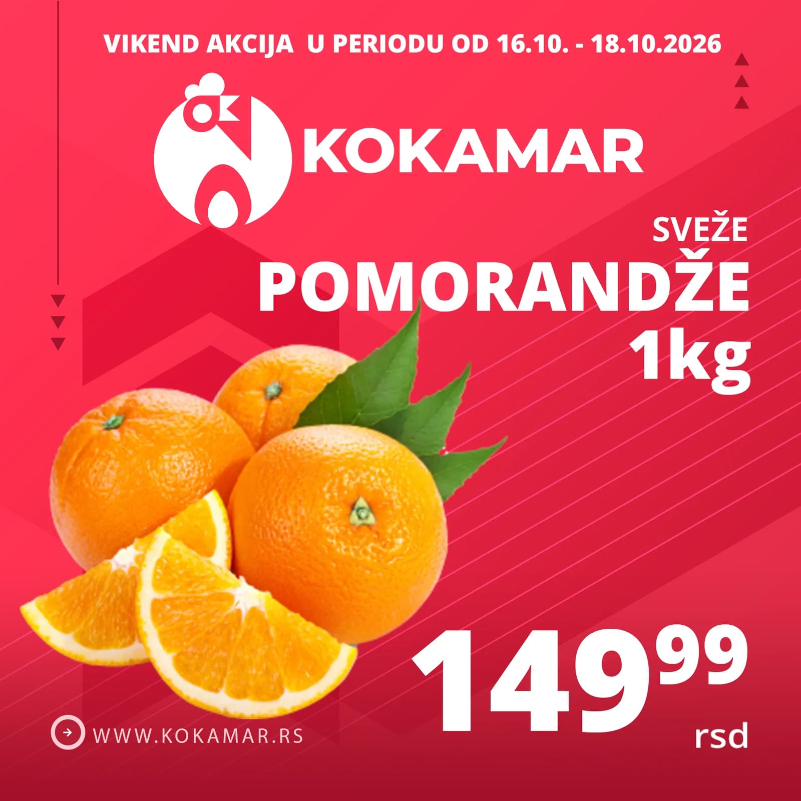 Vikend akcija Kokamar – sveže pomorandže 1kg 149,99 rsd (16.10.–18.10.2026.)